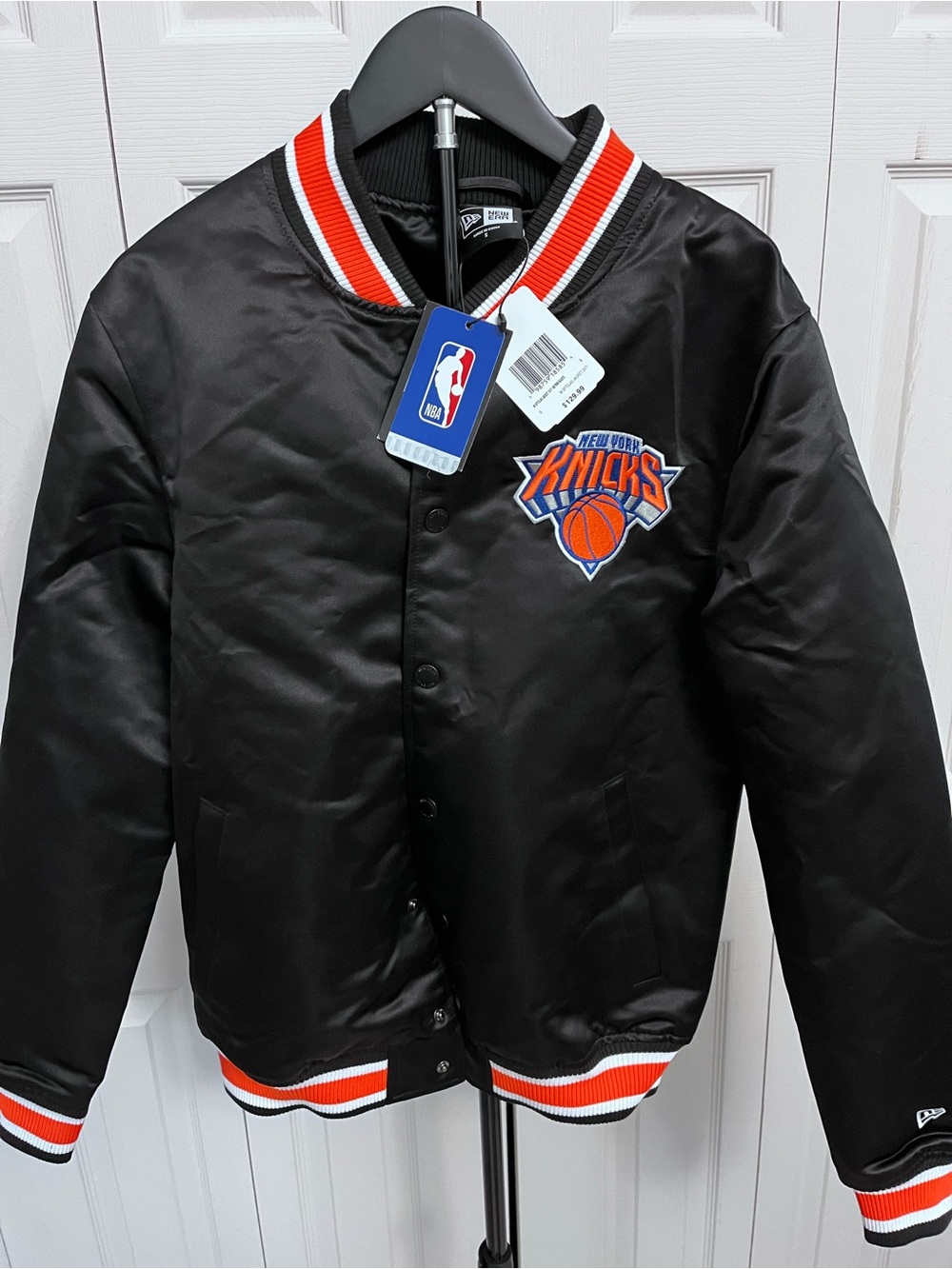 New Era Black Satin Knicks Bomber Jacket with Orange & White Trim